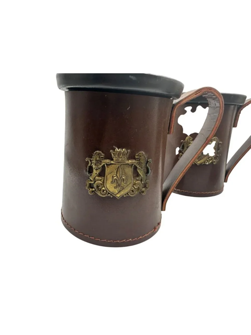 Set Of 3 Vintage Leather & Brass Emblem Tankard-Style Cups With Handles